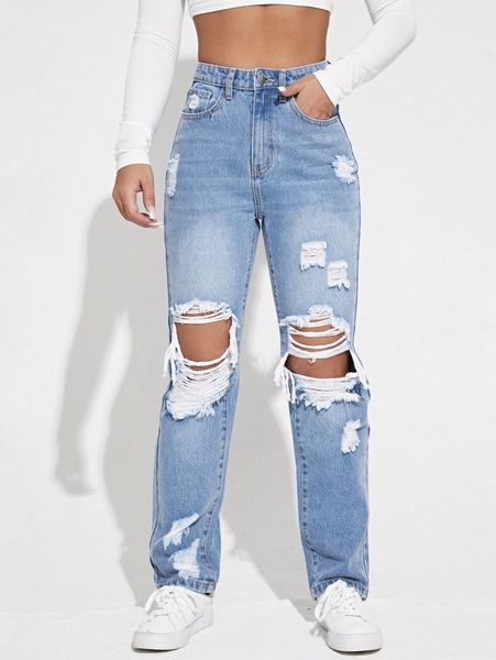 

high waist ripped straight leg jeans a7xi#, Blue