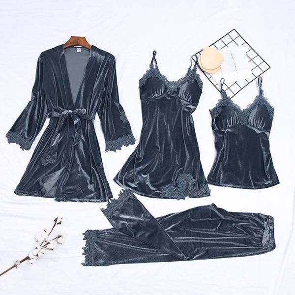 

2021 new plus size autumn winter golden velvet pijamas for woman solid thick homewear with lace sashes female sleepwear f67a, Black;red