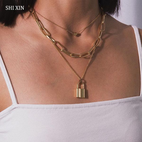 

pendant necklaces shixin hiphop multi layer lock necklace for women heat padlock chunky 2021 fashion chain decoration on the neck, Silver