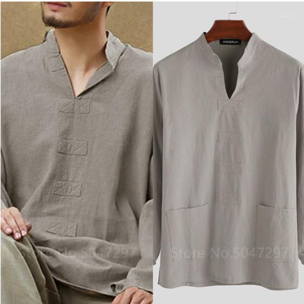 

ethnic clothing male cotton linen shirt men casual long sleeve vintage solid color pockets camisa chinese style mens shirts hanfu plus, Red