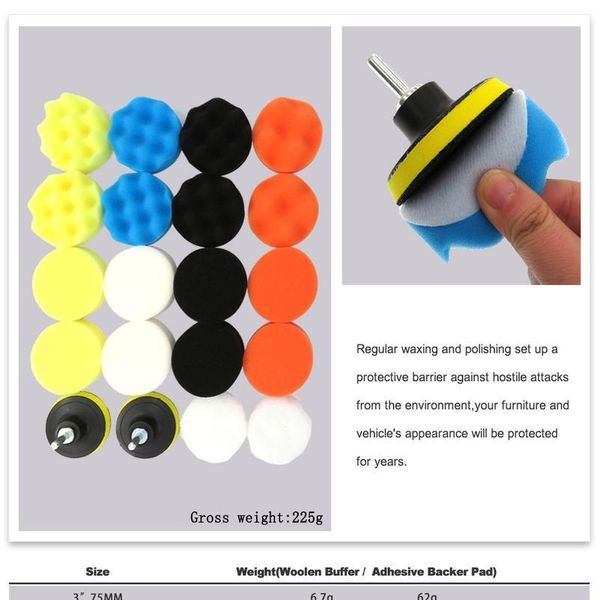 

22pcs buffing pad set 3 inch sponge woolen car polishing pad kit for waxing drill adaptor m10 power tool ac bbylsx