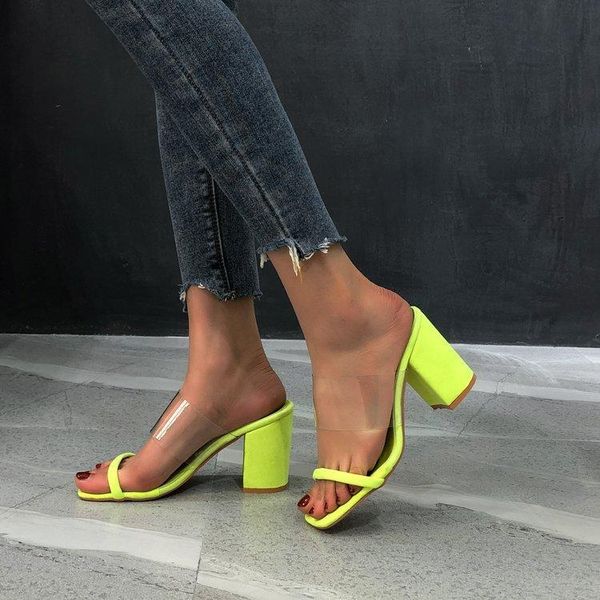 

women transparent sandals ladies high heel slippers candy color open toes thick heel fashion female slides summer shoes d34, Black