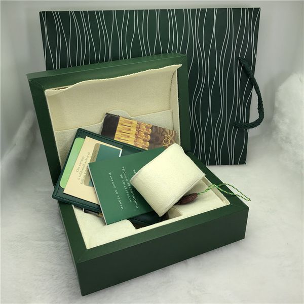 Scatola per orologi originale di lusso verde di nuova moda Scatola regalo di design Tag e documenti in libretto inglese Scatole per orologi in legno 0 8kg275t