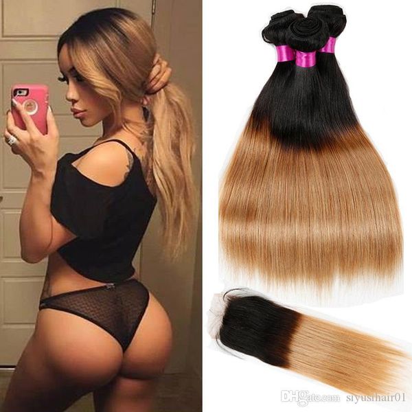 

peruvian indian malaysian brazilian virgin straight hair with closure ombre hair bundles with closure 1b 27 blonde human hair, Black