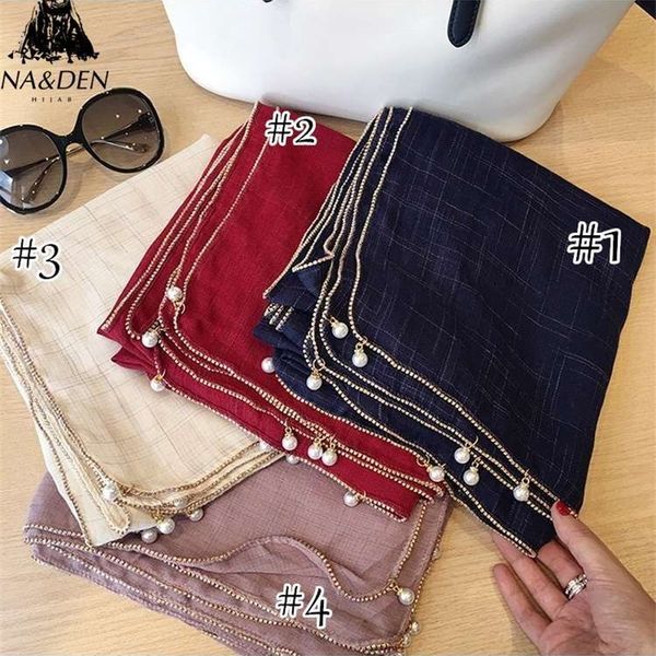 

1pc plain soild cotton scarf gold chain pearl scarves muslim women hijabs warp fashion bandana shawls fast shipping y201024, Blue;gray