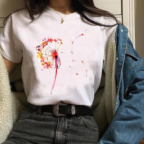 

women print graphic dandelion plant watercolor 90s animal printing clothes lady tees t shirt female womens t-shirt, White