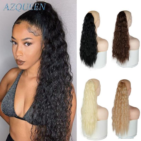 

wrap on clip hair extensions long curly ponytail synthetic hairpiece ombre brown pony tail blonde f wmtcof, Black;brown