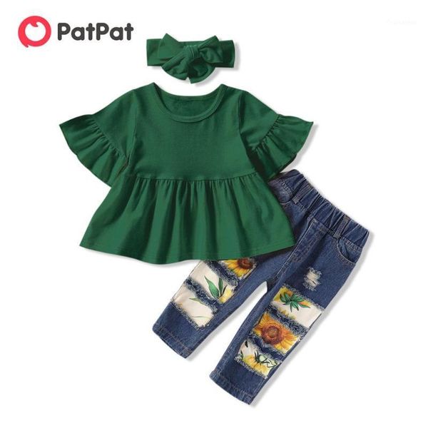 

patpat 2020 new summer and spring 3-piece solid flounced dress and sunflower print jeans sets1, White