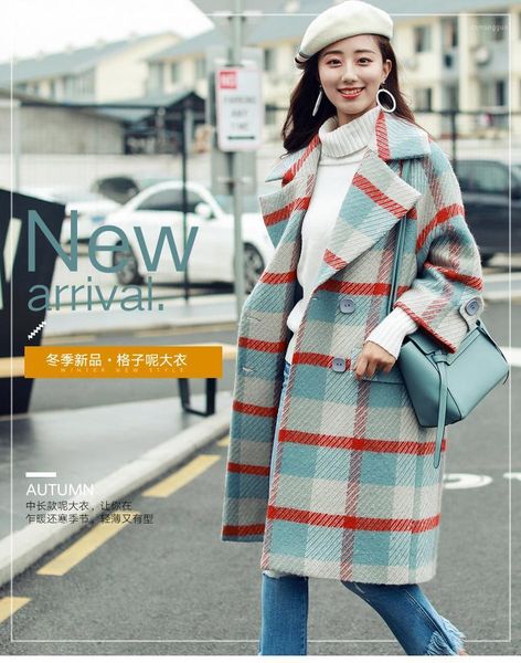 

style autumn and winter loose lapel plaid long-sleeved coat, Black