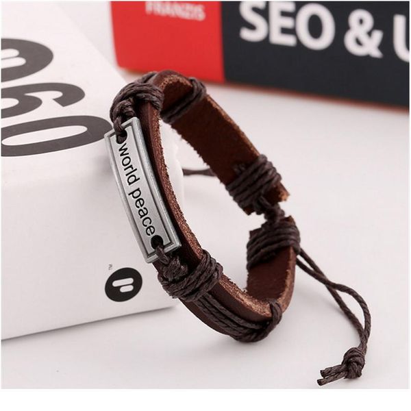 

eif dock vintage nameplate charm bracelet for men world peace leather rope chain bracelets bangles friends qylomr