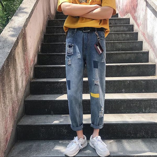 

fashion hit color spray paint jeans men with ripped pants washed old retro nostalgic blue denim ankle length1