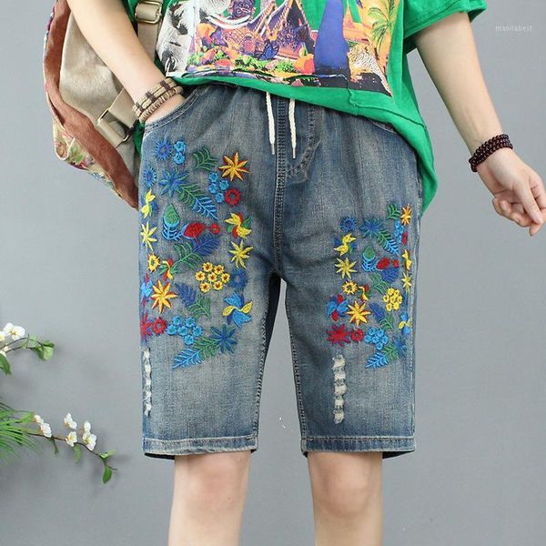 

summer women shorts jeans feminino washed ripped denim capris jeans femme large size 3xl loose embroidery high waist short1, Blue