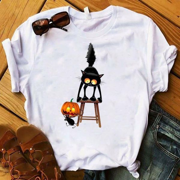 

new funny balck cat print women tshirt summer harajuku short sleeve t shirts cartoon casual woman halloween shirts, White