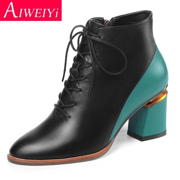 

boots for woman black beige genuine leather high heels shoes lace up autumn winter short botas mujer