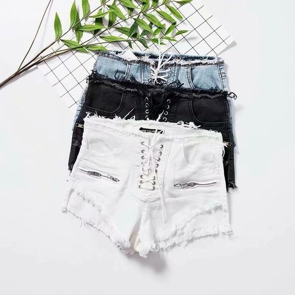 

vintage chic women loose mid waist crimping denim shorts fitness cotton pockets lace-up short jeans y200822, White;black