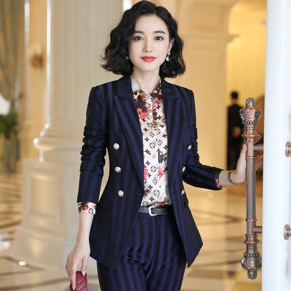 

two piece dress casual office professional striped suit women's spring and autumn fashion temperament british style overalls1, White