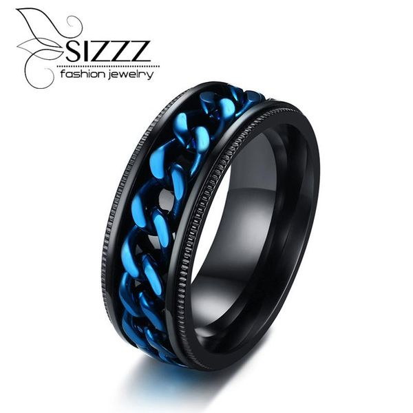 

sizzz titanium steel blue chain ring with rotating black color ring for men size 7-13, Golden;silver