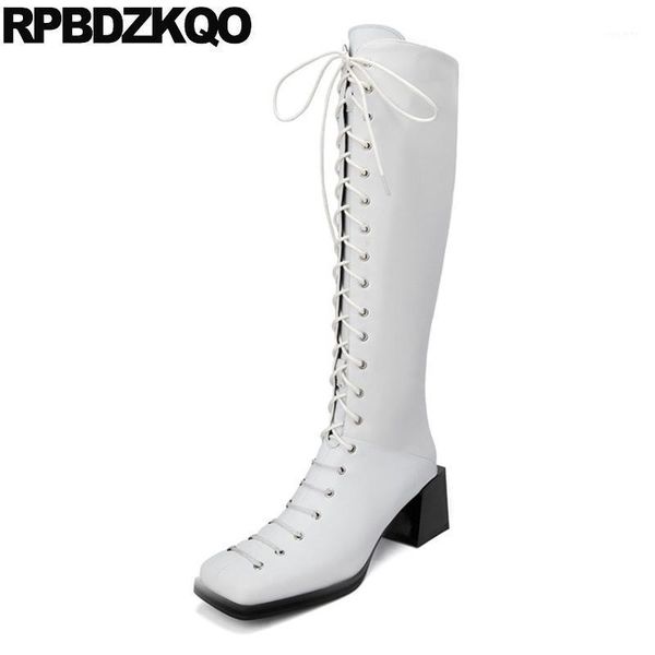 

fur block lace up long tall fall boots white designer shoes women luxury 2020 chunky autumn knee high size 34 vintage square toe1, Black