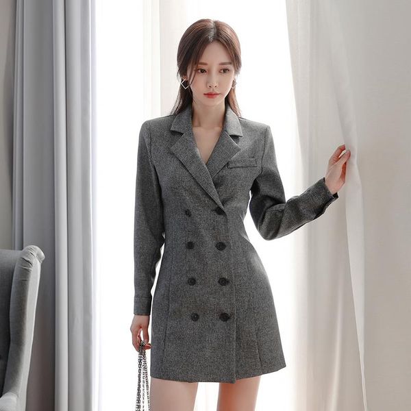 

casual dresses [ewq] 2021 autumn winter female slim turn down collar double breasted solid color long sleeve minimalist suit dress 8d427, Black;gray
