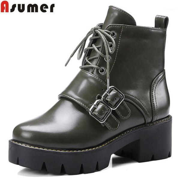 

asumer 2021 fashion new shoes woman round toe lace up ankle boots platform square high heels boots buckle women big size1, Black