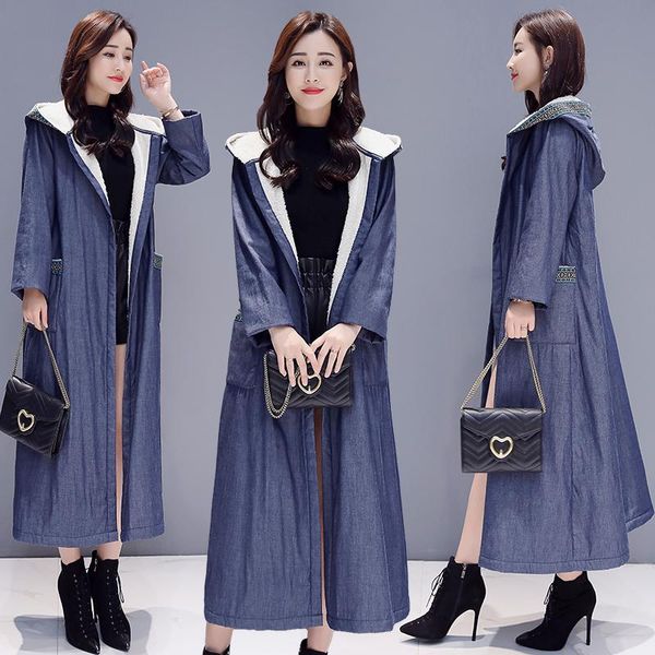 

women's trench coats ethnic vintage women winter warm plush velvet denim jeans hooded robe dress long sleeve cardigan outwear windbreak, Tan;black