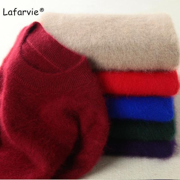 

lafarvie autumn winter o-neck knitted mink cashmere sweater women long sleeve warm pullover female solid color basic sweter1, White;black