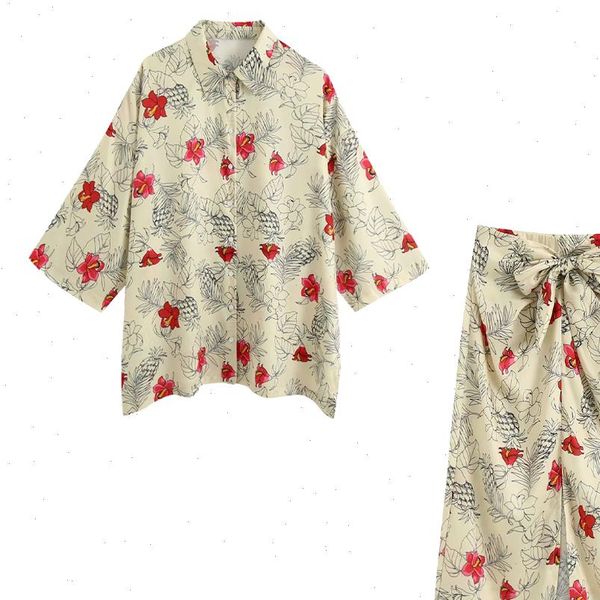

2021 new summer women two piece set oversized printed blouse short sleeves shirt amp high waist knotted midi skirt, Gray