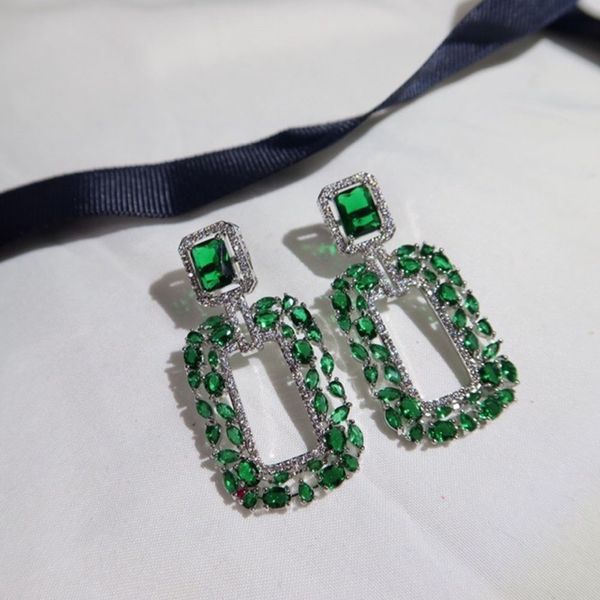 

superior s925 silver needle earrings green rectangle high end fashion personality lady's ear studs dance party luxurious, Golden