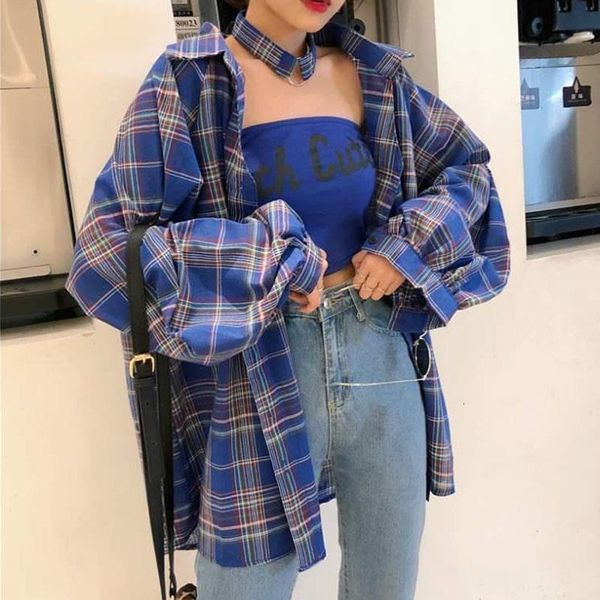 

spring summer loose plaid blouses shirts (with letter printed tube women new fashion casual long sleeve streetwear, White