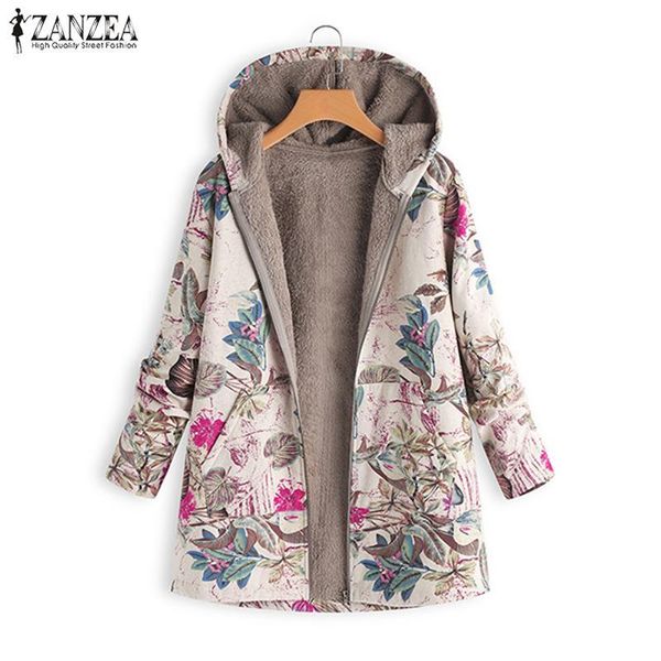 

women's jackets s 5xl zanzea women open stich faux fur coat 2021 winter plush fluffy vintage hooded long sleeve floral printed overcoat, Black;brown
