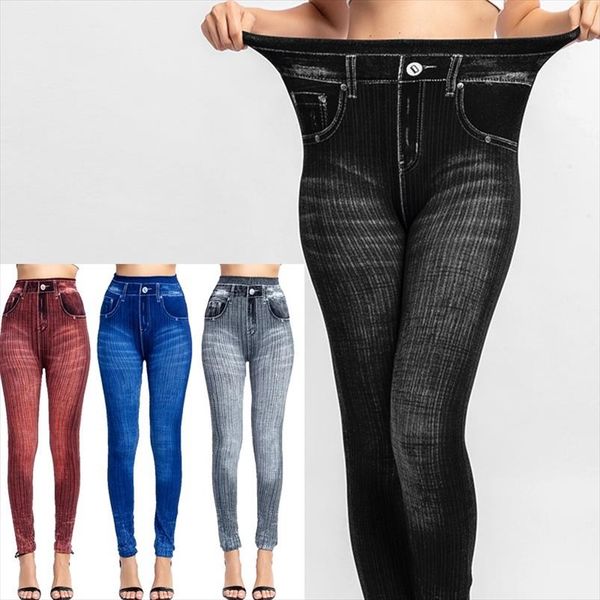 

high waist faux jean leggings slim elastic seamless plus size skinny pencil pants female pocket workout running leggings, Black