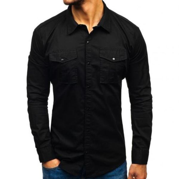 

fashion men long shirt sleeve solid color multi-pockets button slim turn down collar shirt men's clothing c1222, White;black