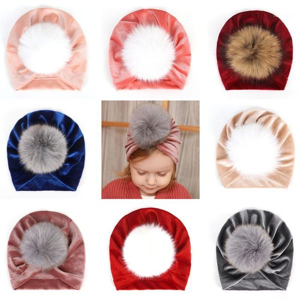 

beanies 10pcs/lot winter born hats faux fur kids velvet pompom toddler ear warmer headwear1