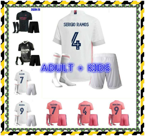 

20 21 real madrid soccer jersey kits camiseta de futbol 2020 2021 hazard benzema sergio ramos modric football shirt men + kids kit uniforms, Black;yellow