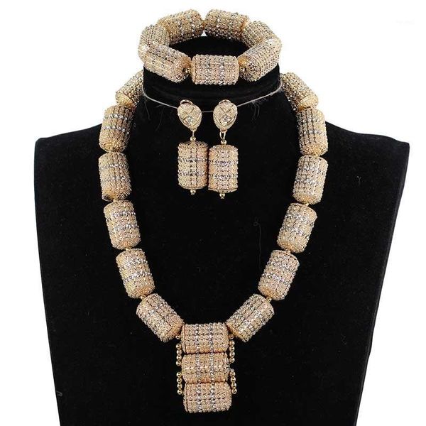 Ohrringe Halskette 2021 Dubai Gold Schmuck Sets Mode Braut Geschenk Nigerian Hochzeit Afrikanische Perlen Set Chunky Anhänger QW1194-1