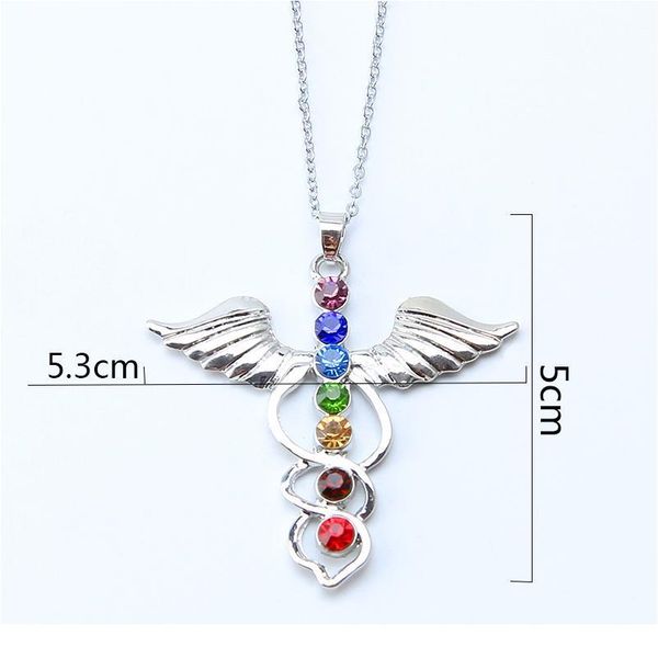 

new 7 chakra stones reiki healing crystal rhinestone point chakra pendant tree of life pendant angel shape jewelry qylxxl, Black