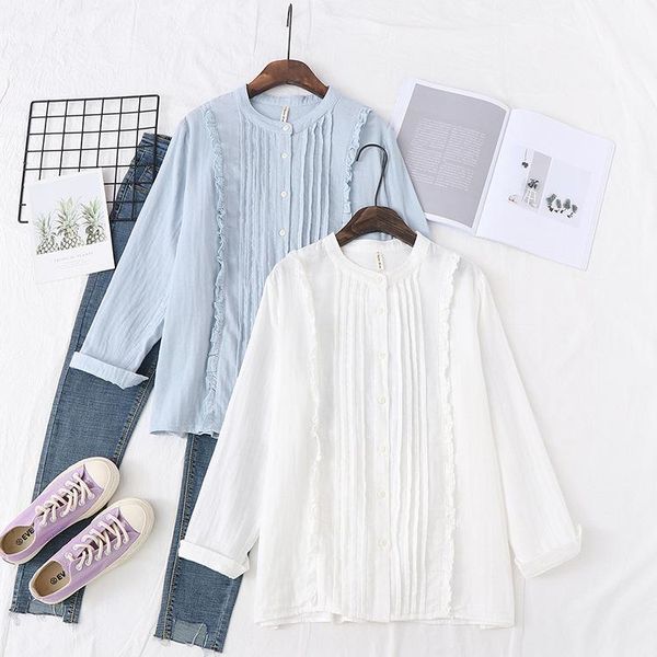 

bohemian cotton shirt 2020 mori girls autumn japanese style boho long sleeve stand collar blue white boho blouse