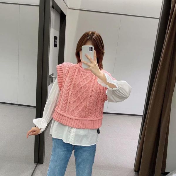 

europe and america 2020 autumn knitted women's pink vest tank women, White