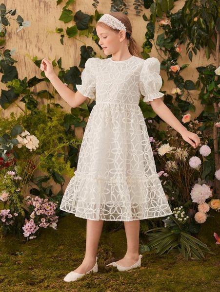 

girls puff sleeve floral embroidery dress she, Red;yellow