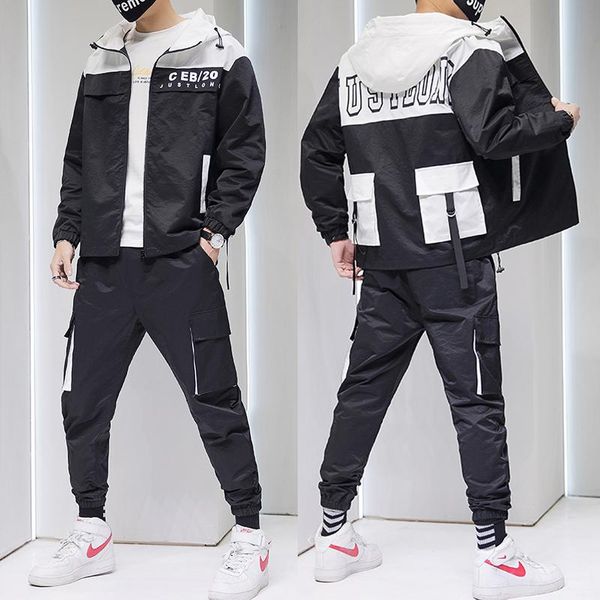 

streetwear tracksuit hip hop 2 pieces set mens casual pockets sportswear suits hooded sweatshirts jacke+ pants mens clothing set, Black;blue