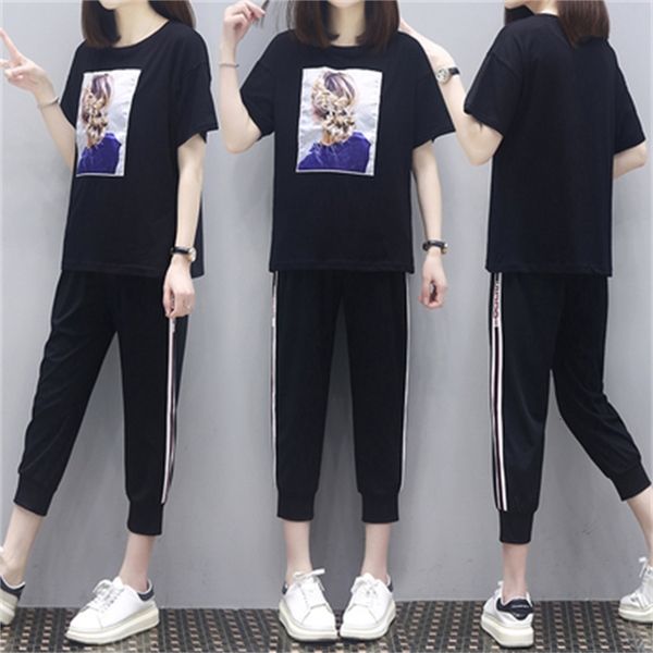 

female plus size suits and outfits of two cartoon pieces will see loose sets women's training clothes 60h7, White