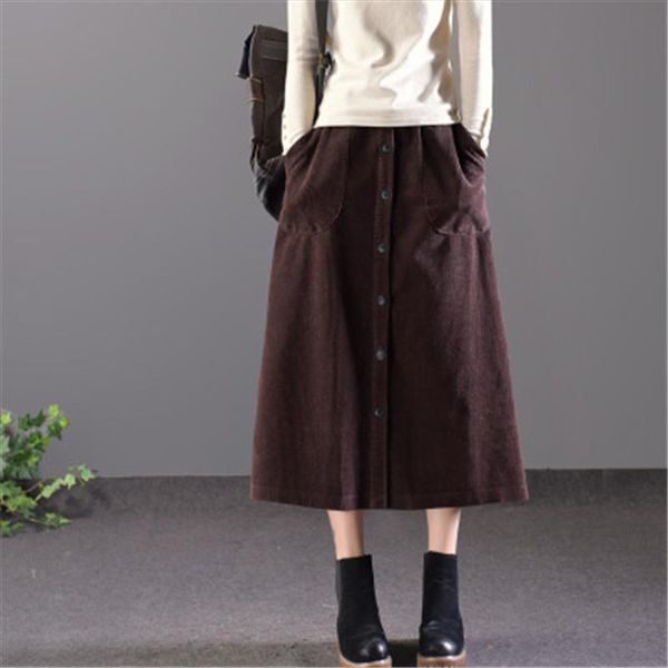 

korean long skirt corduroy single breasted large pocket solid elastic waist skirt girl 2019 autumn winter women fashion pz1353, Black