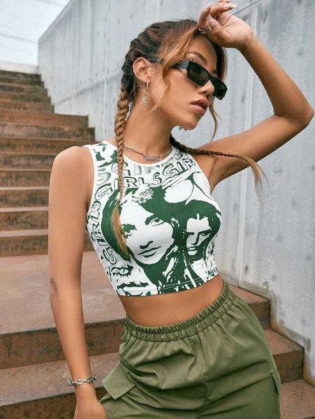 

letter & figure graphic crop tank k5gu#, White