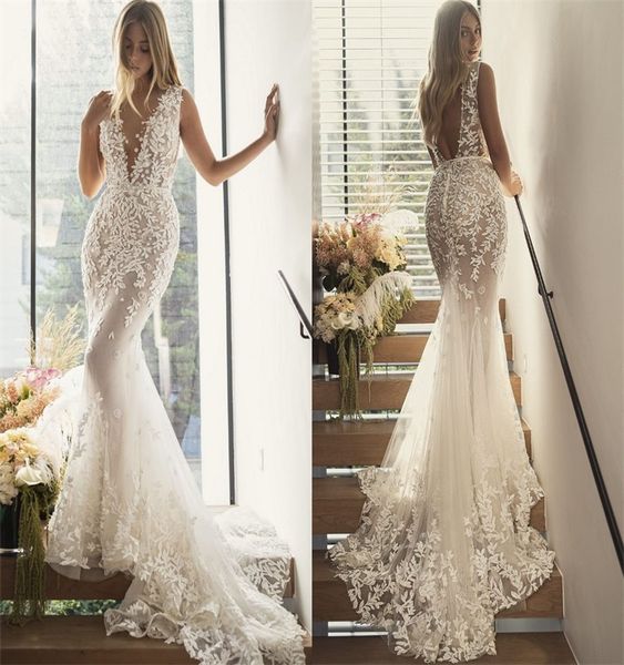 

v-neck mermaid wedding dresses boho beach applique lace ruched tulle chic bridal gown backless sweep train custom made robe de mariee, White