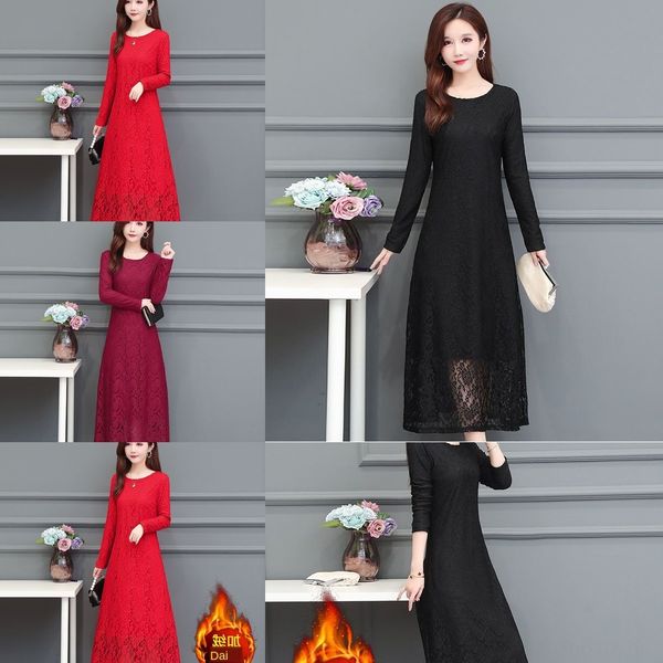 

autumn and winter long sleeve large lace dress dress trousers lace trousers2020 new cover belly show thin long bottomed skirt pop x710h x710, Black;gray