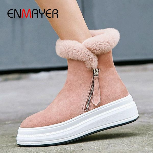 

enmayer 2020 мода kid замшевые ботильоны для женщин круглый toe flat пяткой zip winter snow boots плюшевые женская обувь размер 34-40, Black