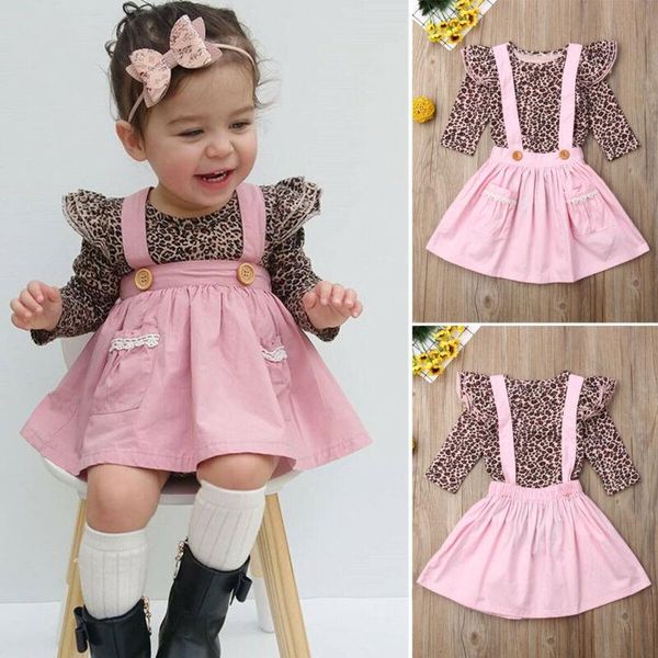 

girl's dresses pudcoco fall born kids girls leopard long sleeve romper +strap dress outfits set support wholesale, Red;yellow
