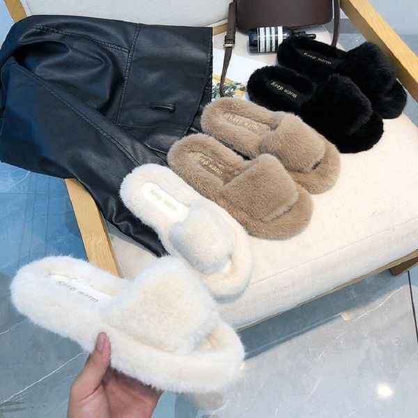 

slippers furry fur slides for women faux sliders indoor shoes casual home flat winter footwear sapato feminino, Black