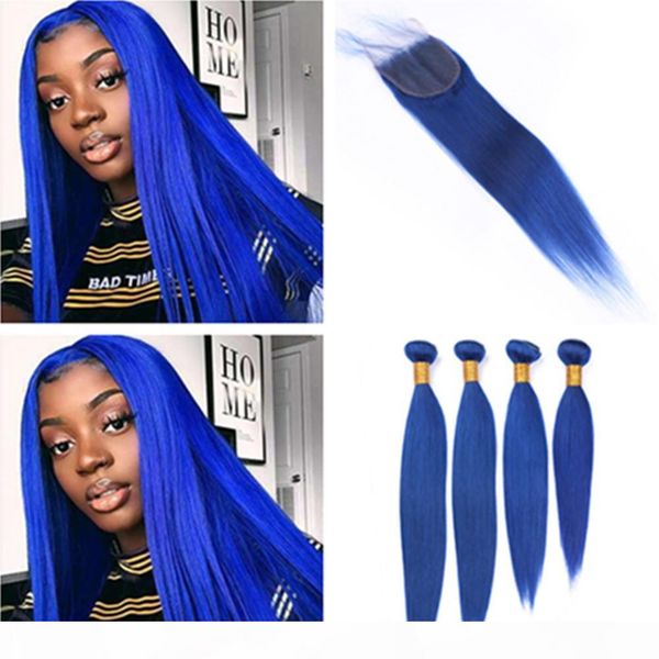 

blue color straight human hair bundles and closure dark blue brazilian virgin hair lace closure 4x4" with weaves pure blue 4 bundle dea, Black;brown