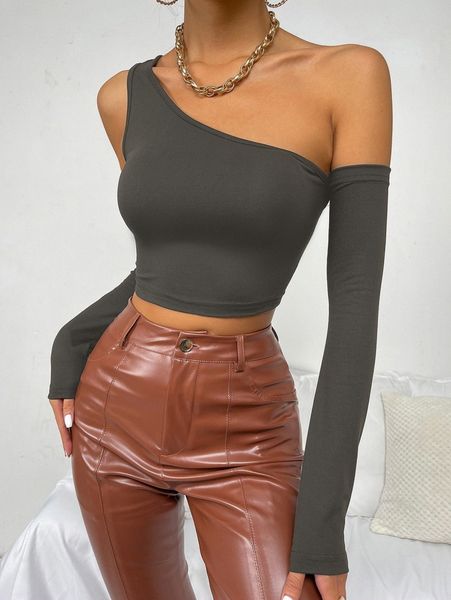 

solid asymmetrical shoulder crop m5di#, White